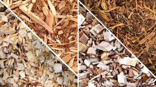 A collage of photos of chipped and shredded cedar mulch and chipped and shredded cypress mulch.