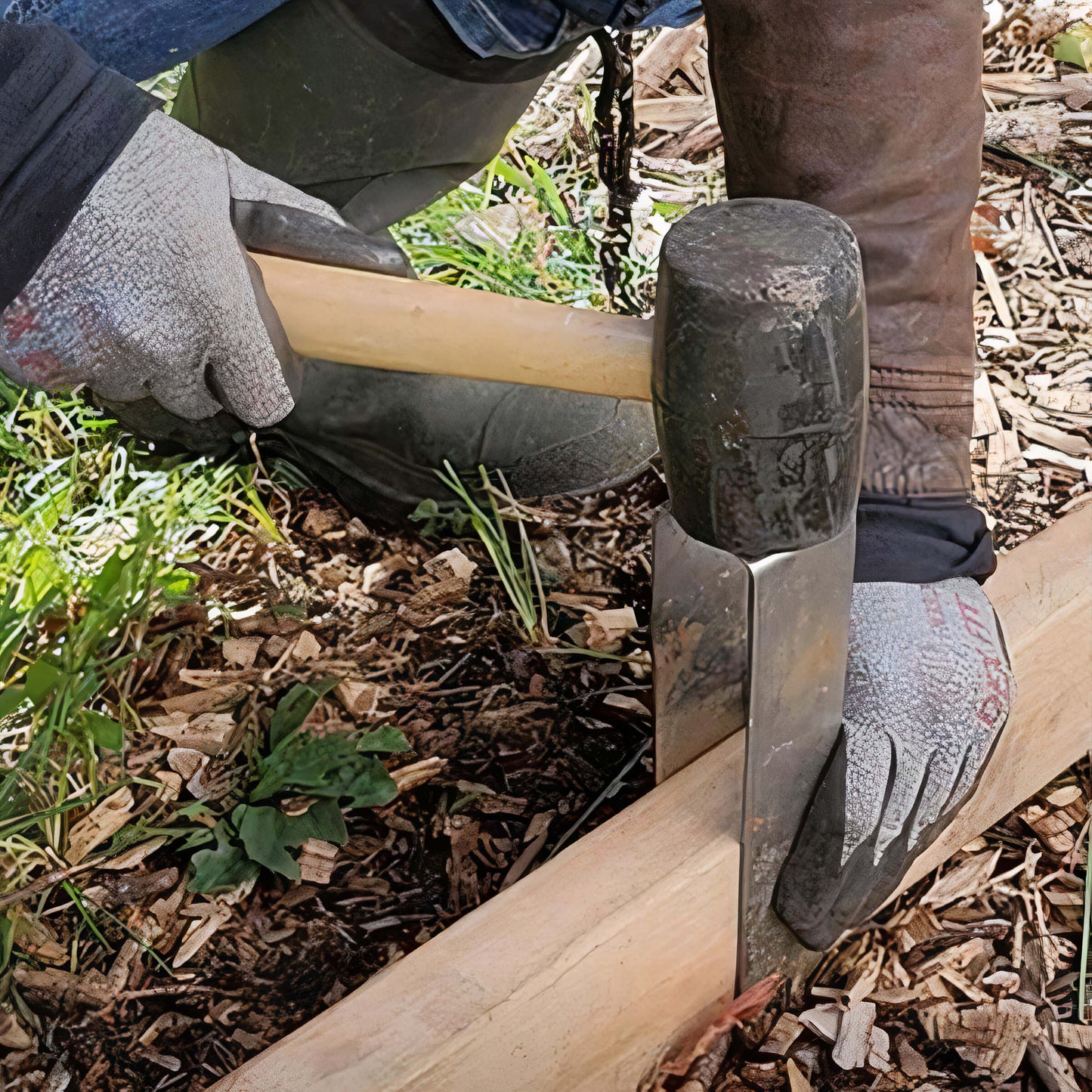 Installer holding a rubber mallet as it strikes the top of a 2xEDGE Staple to secure 2x4 lumber to the ground.
