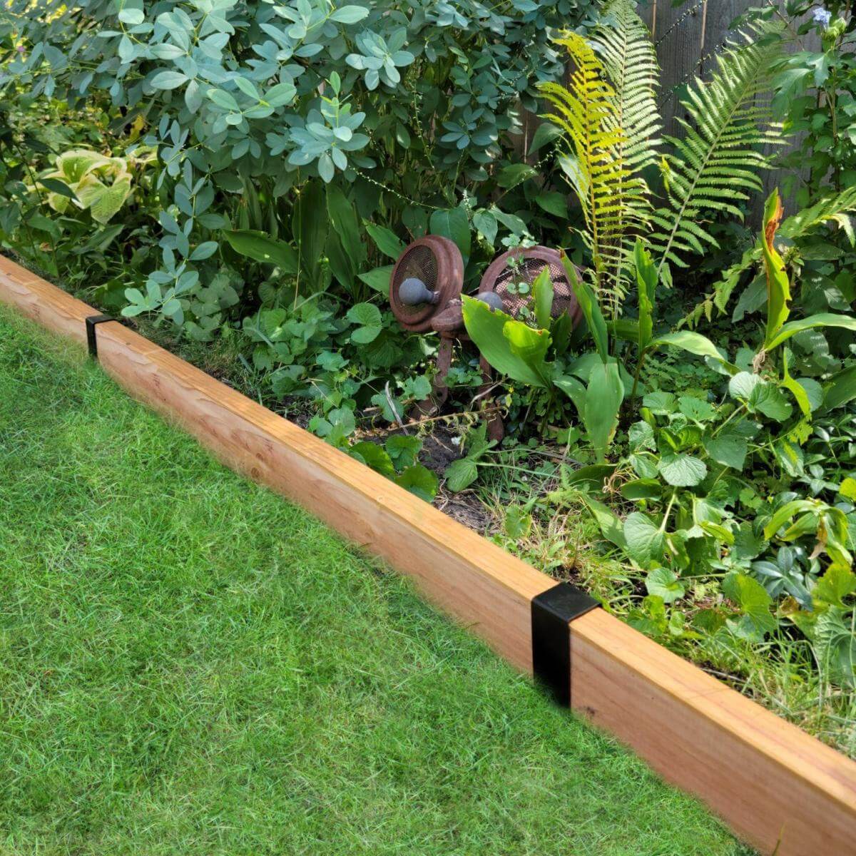 Satin Black 2xEDGE Staples used to install 2x4 pressure treated wood as lawn edging to separate grass and a garden bed.