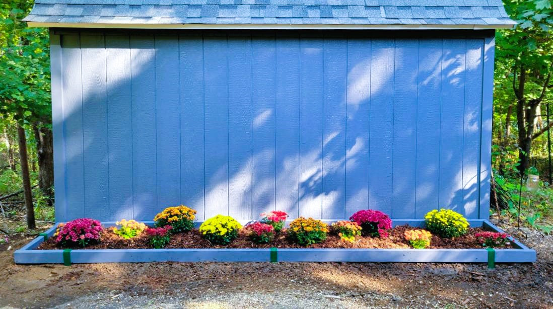 Blue shed with 2x4 wooden flower garden borders painted blue installed with 2xEDGE Forest Green Staples.