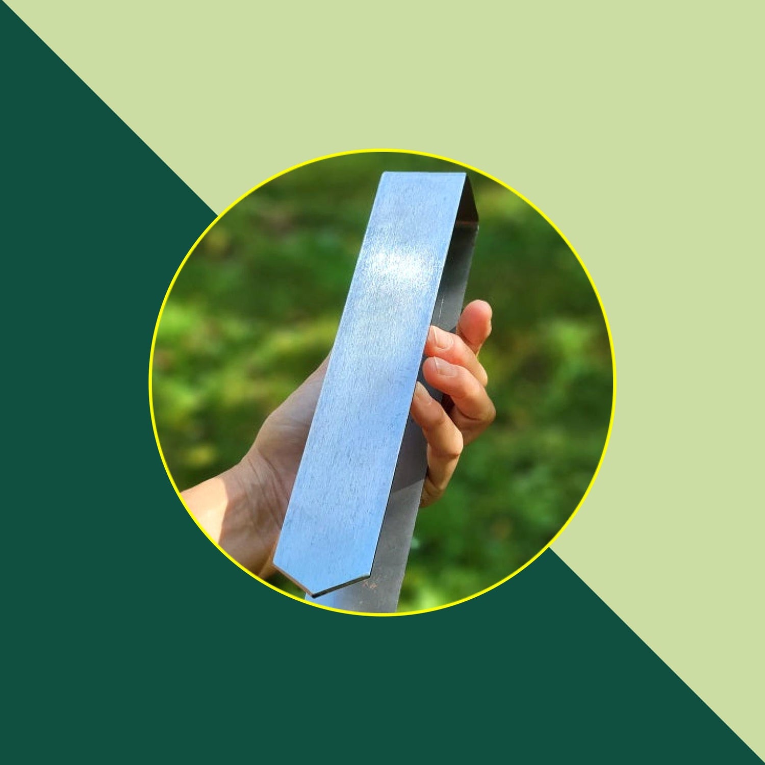 A graphic showcasing the 2xEDGE Staples green color palette with a photo of a hand holding a 2xEDGE Staple appearing in a circle in the center on a background with mint and forest green colors in the background..