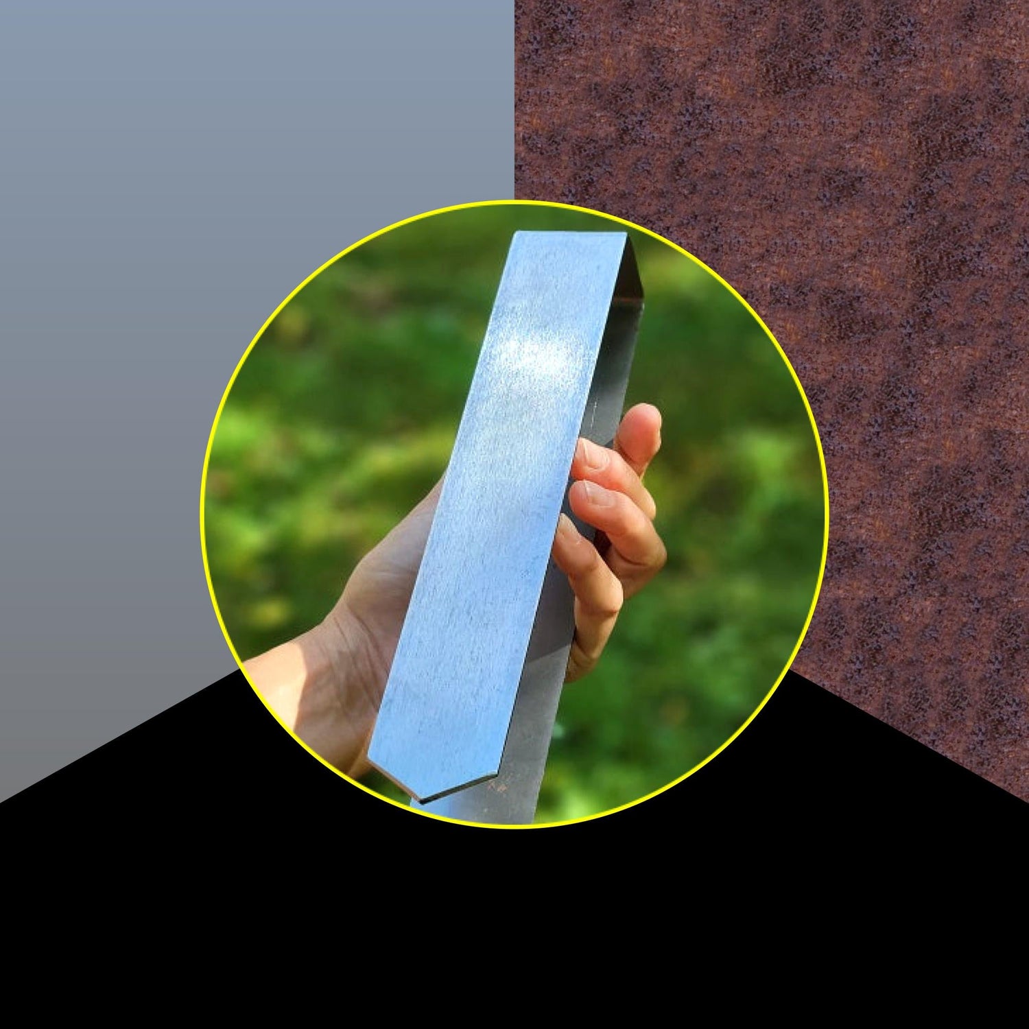 A graphic showcasing black, rust, and grey 2xEDGE Staples suitable for industrial design applications with a photo of a hand holding a 2xEDGE Staple appearing in a circle in the center on a background with each color in a geometric shape.