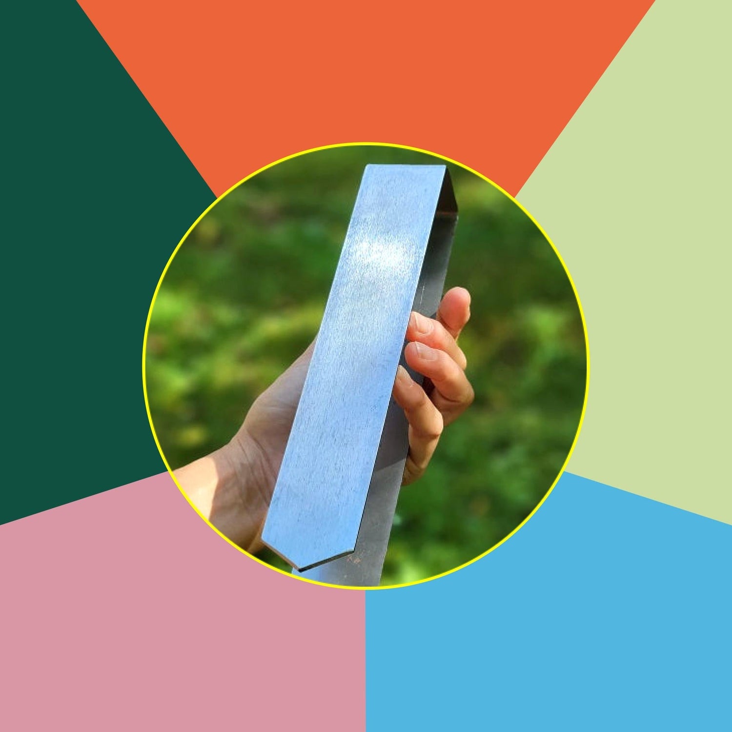 A graphic showcasing the 2xEDGE Staples color palette with a photo of a hand holding a 2xEDGE Staple appearing in a circle in the center on a background with each color in a geometric shape.
