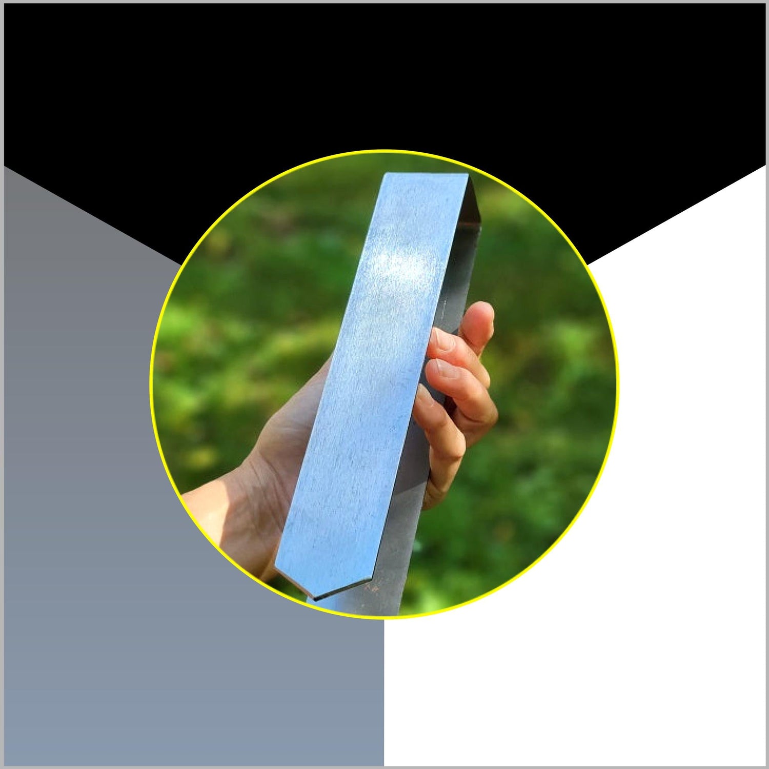 A graphic showcasing 2xEDGE Staples availability in black, gray and white options in geometric shapes with a photo of a hand holding a 2xEDGE Staple appearing in a circle in the center.