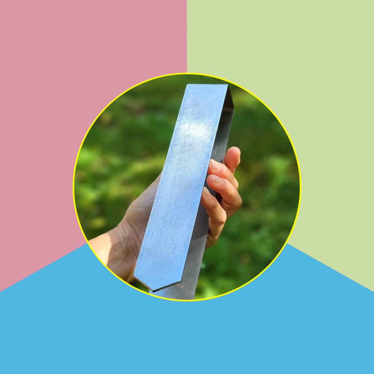 A graphic showcasing the 2xEDGE Staples pastel color palette with a photo of a hand holding a 2xEDGE Staple appearing in a circle in the center on a background with each color in a geometric shape.