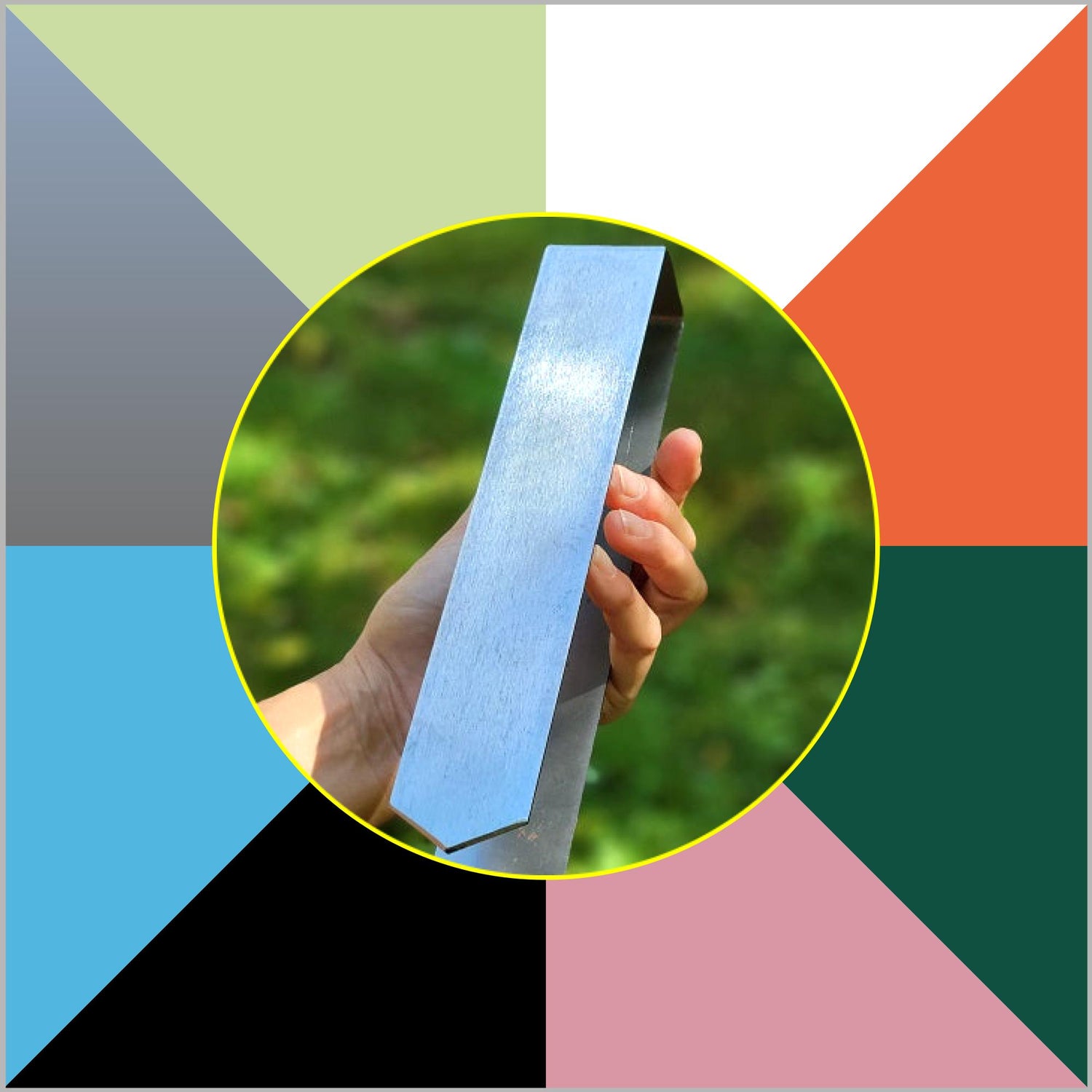 A graphic showcasing the 2xEDGE Staples powder coat color palette with a photo of a hand holding a 2xEDGE Staple appearing in a circle in the center on a background with each color in a geometric shape.