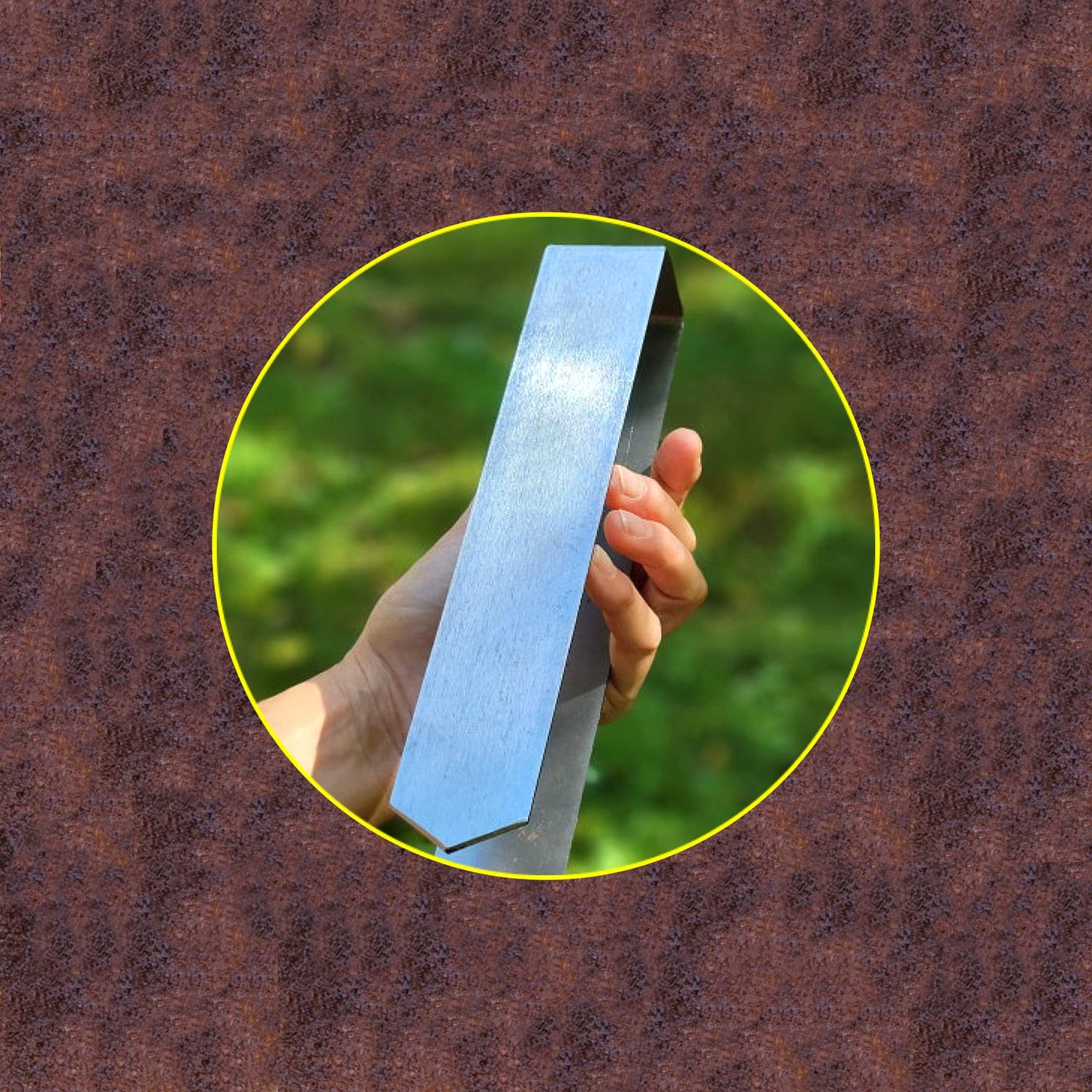 A graphic showcasing the rust patina of Rustic Steel 2xEDGE Staples with a photo of a hand holding a 2xEDGE Staple appearing in a circle in the center on a textured rust colored background.