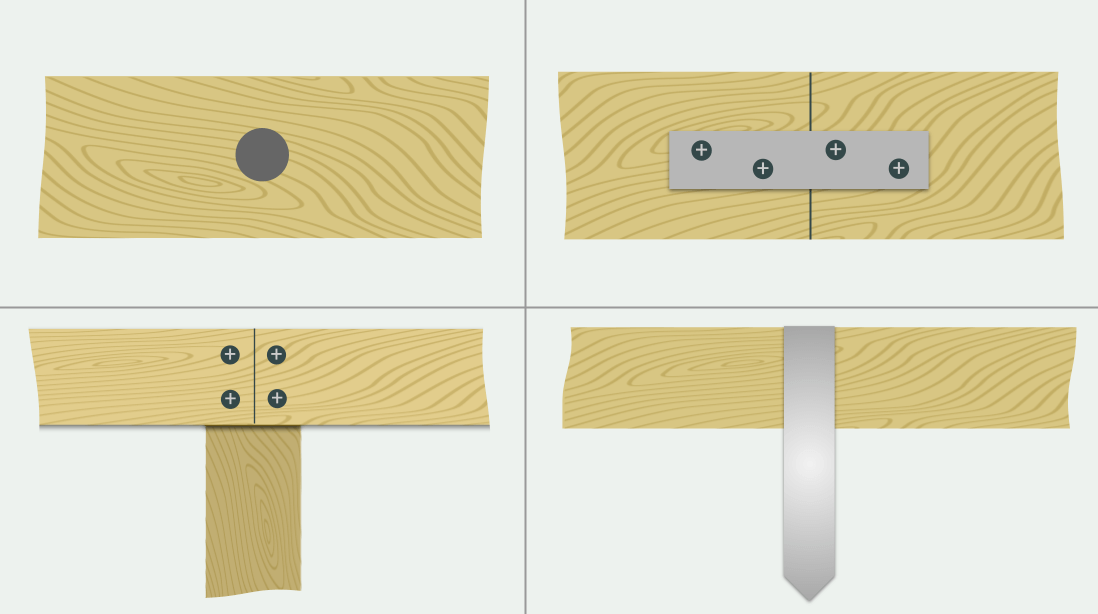 Comparison diagram showing four common methods used to secure 2x lumber garden edging, including rebar, screws and brackets, buried posts, and external staples.