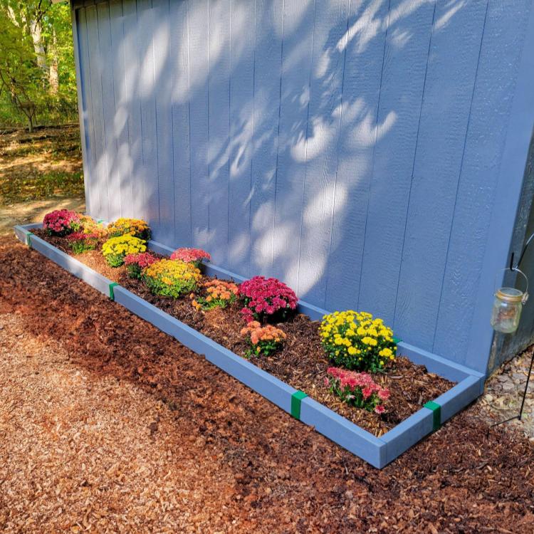 A flowerbed next to a shed with 2x4 lumber painted to match the shed installed with Forest Green 2xEDGE Staples to make flower bed edging.