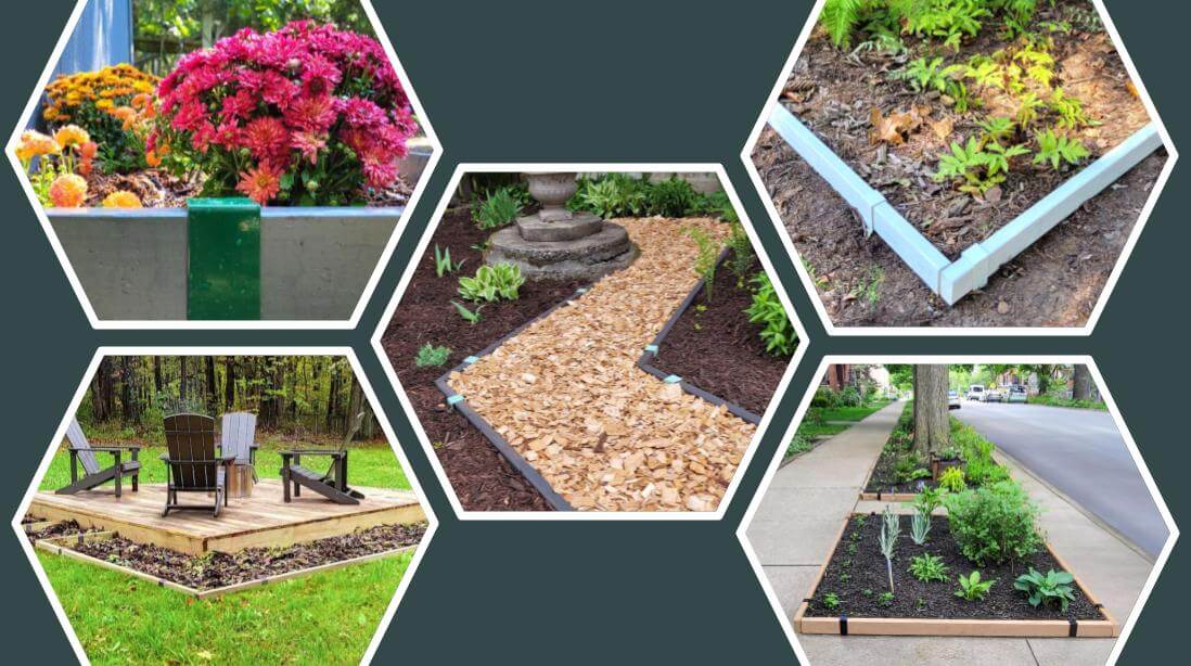 Five photos cropped into hexagon shapes showing garden edging projects. One shows a small backyard garden design realized with 2x2 lumber, Mint Green 2xEDGE Staples, cedar wood chips and shredded hardwood mulch. Two show a person in the process of installing 2xEDGE Staples and 2x lumber to create new flowerbeds. And one showing the corner of a garden bed edged with 2x4 lumber that has been stained white and is installed with Picket Fence White 2xEDGE Staples.