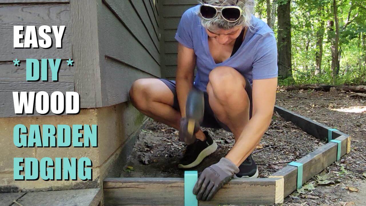 Load video: The creator of 2xEDGE Staples is shown taking apart existing garden edging made with natural lumber and Rustic Steel 2xEDGE Staples, and then recreating the garden edging using 2x4 pressure treated lumber stained white and Picket Fence White 2xEDGE Staples.