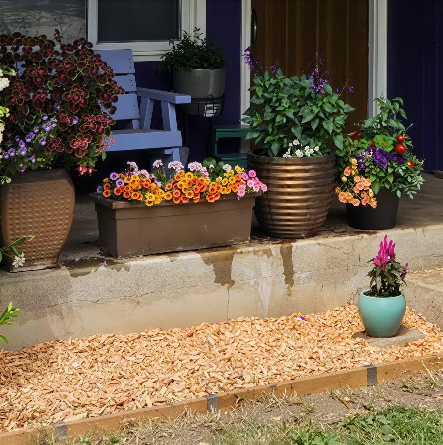 2x4 lumber garden bed edging with 2xEDGE Staples containing wood chips in a front yard bed below a home's porch steps, with colorful container plants and a blue Adirondack chair visible on the porch.