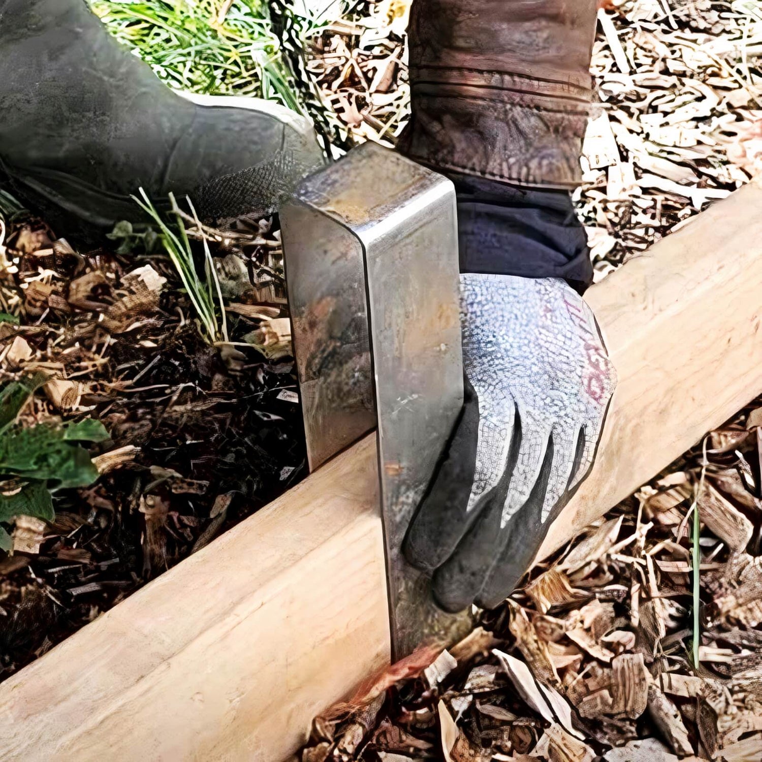 Photo of a gloved hand positioning a 2xEDGE staple on wooden garden bed edging in prep to install.