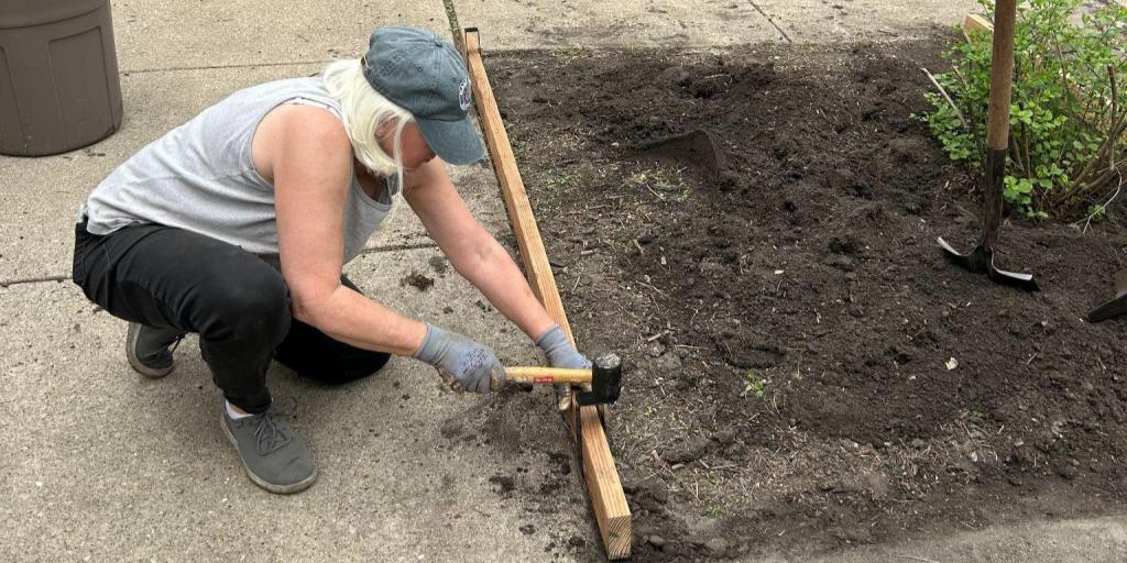 A senior woman using a rubber mallet to install a 2xEDGE Staple over 2x4 lumber to create edging around a hellstrip garden.